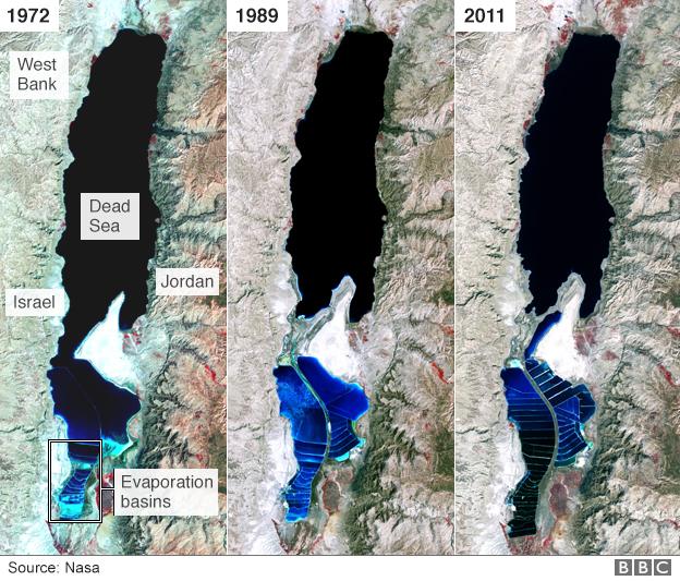 Three satellite images from Nasa showing how the Dead Sea has changed since 1972