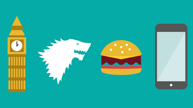 A graphic of Big Ben, a burger, smart phone and Game of Thrones-type wolf's head all relating to the London Marathon