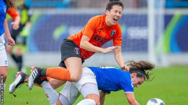 Leanne Crichton is challenged by Rangers' Chantelle Brown