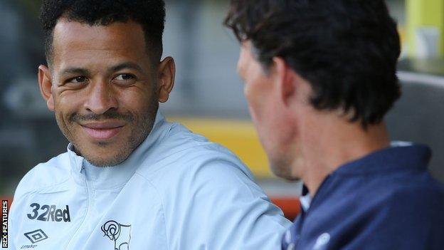 Derby specialist coach Liam Rosenior at work during a pre-season game at Burton