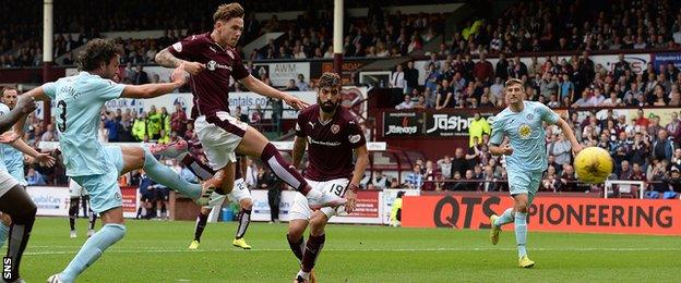 Sam Nicholson scores for Hearts against Partick Thistle