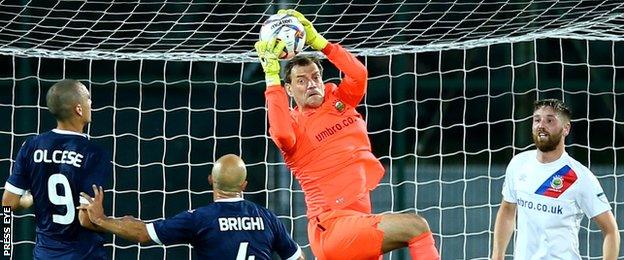 Linfield keeper Roy Carroll catches a cross in Tuesday's game in San Marino