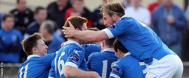 Finn Harps players celebrate after Ryan Curran's 20th-minute goal