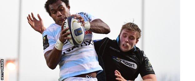 Racing 92 lock Leone Nakarawa wins a line-out against Glasgow's Jonny Gray