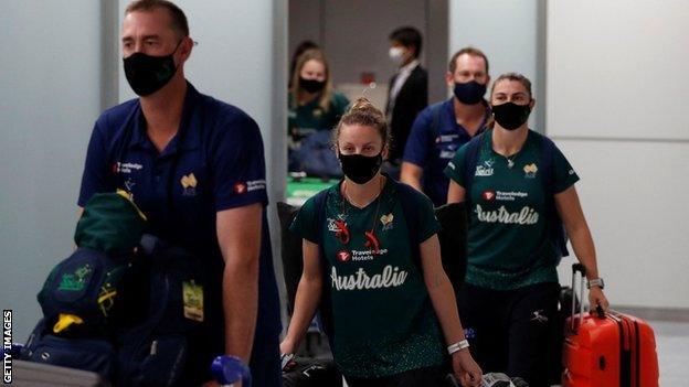 Australia's softball team arriving at the airport in Tokyo