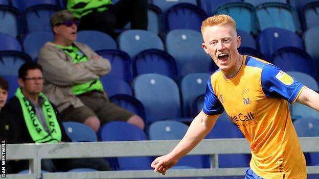 Mansfield's Matty Longstaff celebrates his goal