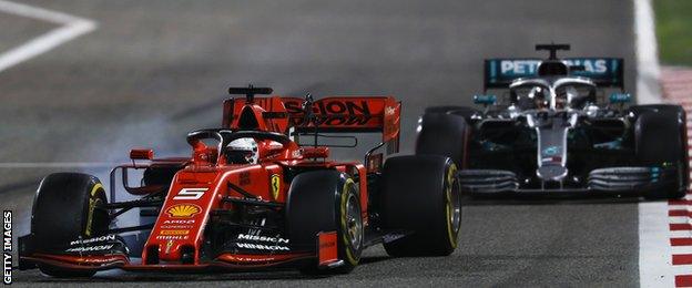 Sebastian Vettel and Lewis Hamilton during the Bahrain Grand Prix