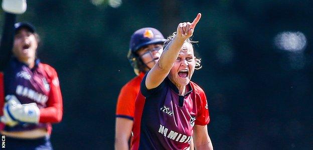 Irene van Zyl appeals for a wicket against the Netherlands