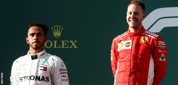 Ferrari F1 driver Sebastian Vettel and Mercedes F1 driver Lewis Hamilton