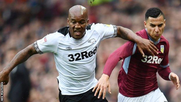 Andre Wisdom of Derby County (right) is challenged by Aston Villa's Anwar El Ghazi