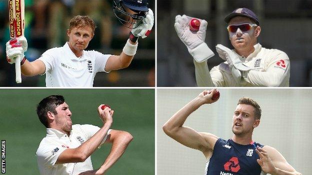 Joe Root, Jonny Bairstow, Craig Overton and Jake Ball