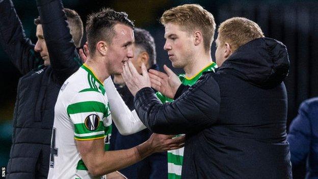 Celtic match winner David Turnbull is congratulated by Neil Lennon