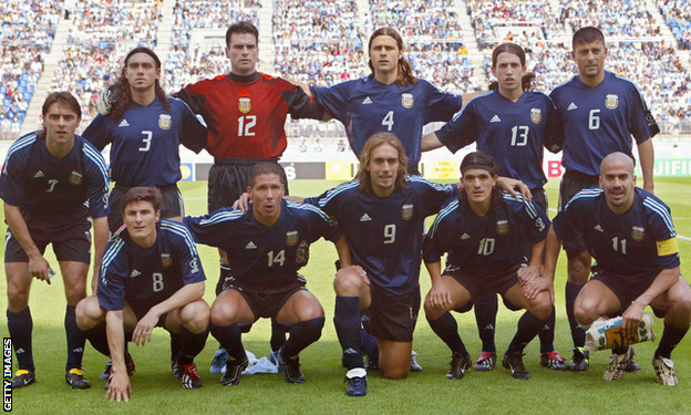 Argentina line up at a match before the 2002 World Cup