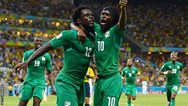 Wilfried Bony celebrates after scoring against Greece in the 2014 World Cup