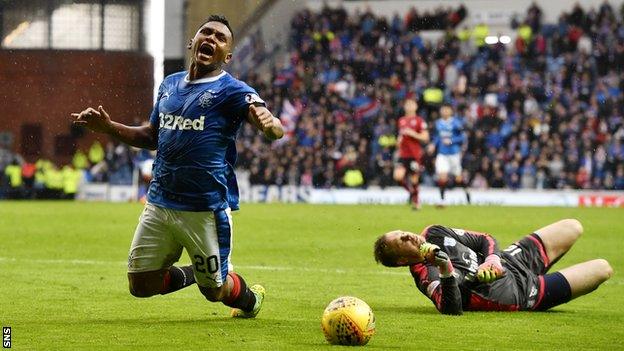 Alfredo Morelos tumbles under the challenge of Elliot Parish