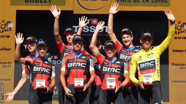 BMC celebrate winning stage three of the Tour de France