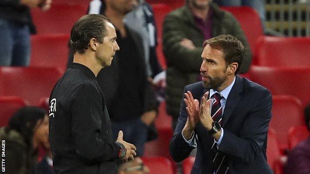 Gareth Southgate protests to the fourth official over the disallowed goal