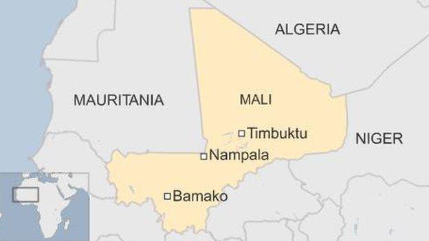 map of Mali showing location of Bamako, Timbuktu and Nampala