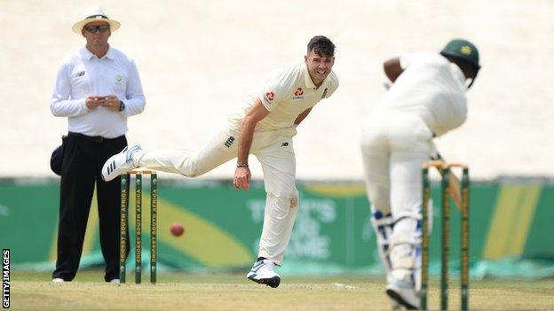 England bowler James Anderson in action during the third day of the warm-up match against South Africa A