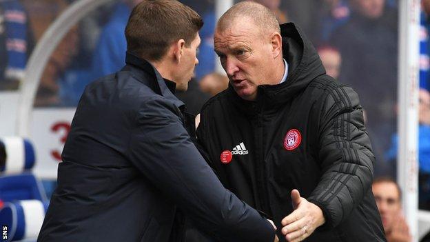 Rangers manager Steven Gerrard and Hamilton's Brian Rice