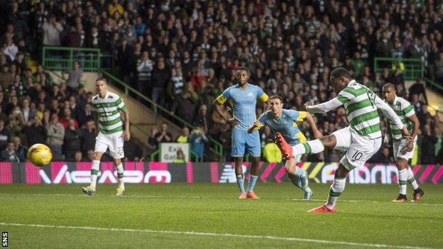 Moussa Dembele scores a penalty for Celtic against Astana