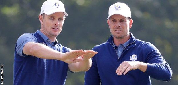 Justin Rose and Henrik Stenson in action during the 2016 Ryder Cup