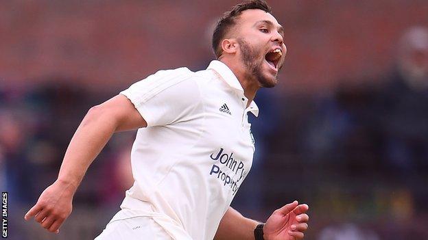 Dane Paterson celebrates a wicket for Nottinghamshire