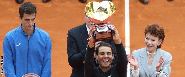 Albert Ramos-Vinloas watches on as Rafael Nadal lifts the Monte Carlo Masters trophy