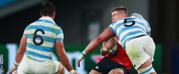 Argentina's Tomas Lavanini makes the tackle that earned him a red card against England