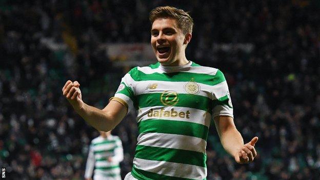 James Forrest celebrates a goal against Motherwell