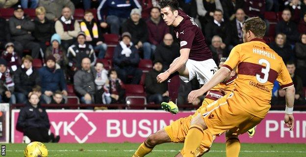 Hearts winger Jamie Walker scores the third goal against Motherwell