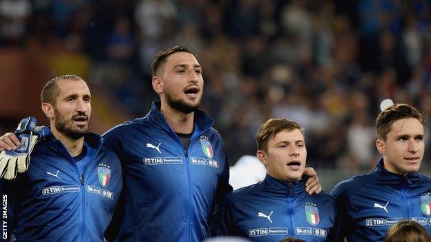 Giorgio Chiellini, Gianluigi Donnarumma, Nicolo Barella and Federico Chiesa (from left to right)