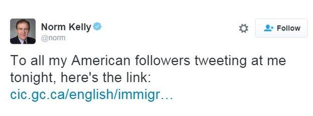 Norm Kelly tweets "To all my American followers" and a link to Canadian immigration service