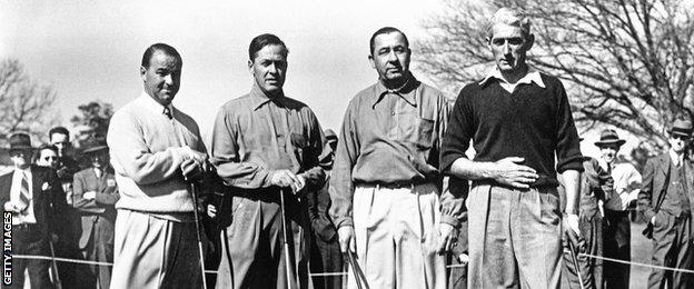 Gene Sarazen, Bobby Jones, Walter Hagen and Tommy Armour walk together during the 1941 Masters Tournament at Augusta National