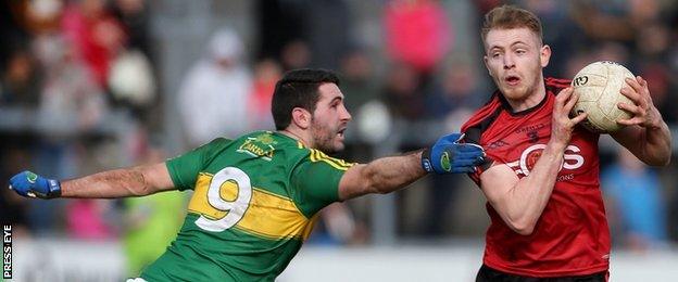 Down's Gerard McGovern tries to get past Kerry's Bryan Sheehan