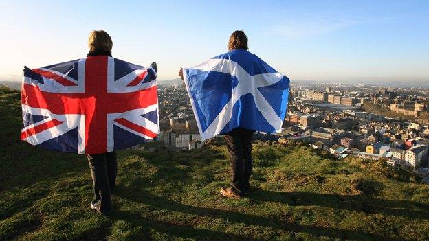 Two people holding up a Scotland and a Union Jack flag