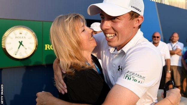 British golfer Matthew Fitzpatrick celebrates winning the DP World Tour Championship