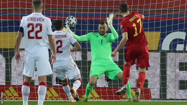 Hans Vanaken scores Belgium's second goal against Belarus