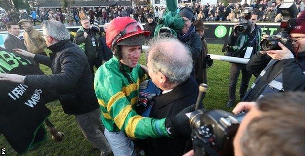 Owner JP McManus congratulates jockey O'Connor after Edwulf's win