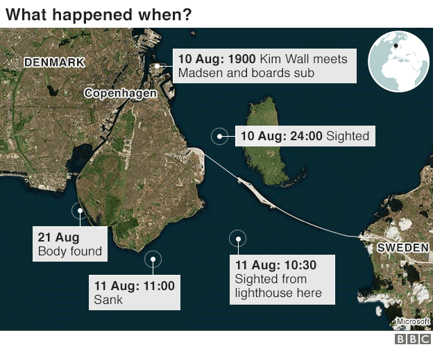 Map showing movements of submarine on 10 and 11 August