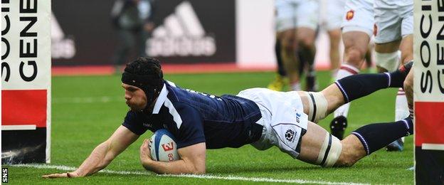 Scotland lock Tim Swinson scores against France in the 2017 Six Nations Championship