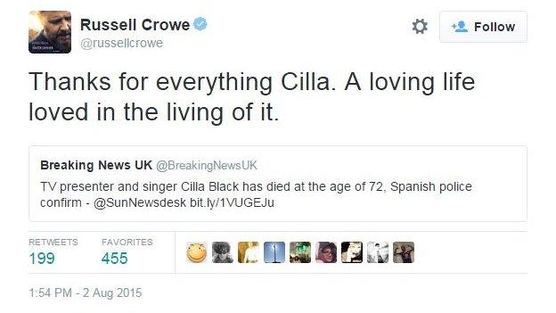 Russell Crowe pays tribute to Cilla Black on Twitter