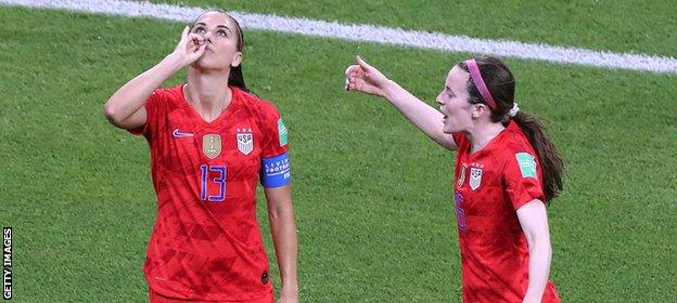 Alex Morgan celebrates scoring against England with a 'spot of tea'