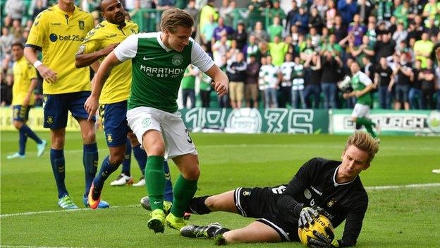 Jason Cummings in action for Hibernian against Brondby