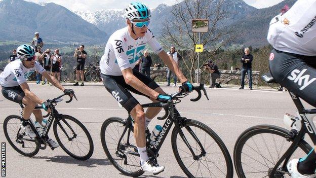 Team Sky's Chris Froome cycling in a line with his team-mates