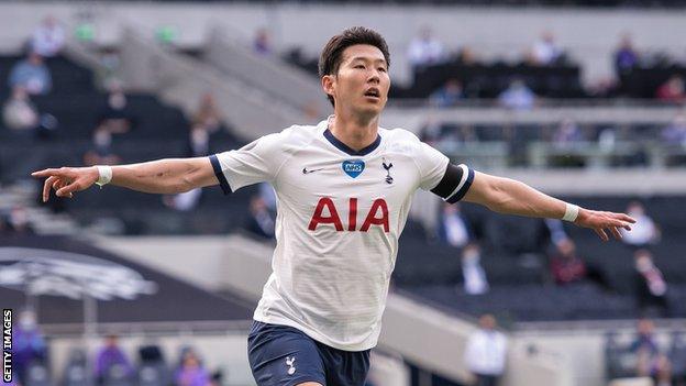 Tottenham forward Son Heung-min celebrates scoring against Arsenal in the north London derby