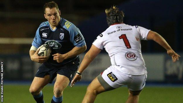 Gethin Jenkins of Cardiff Blues is tackled by Kyle McCall of Ulster
