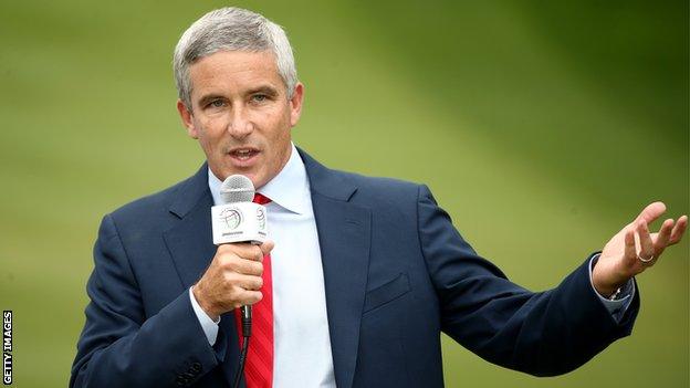 AUGUST 06: PGA TOUR commissioner Jay Monahan speaks during the final round of the World Golf Championships - Bridgestone Invitational at Firestone Country Club South Course on August 6, 2017 in Akron, Ohio