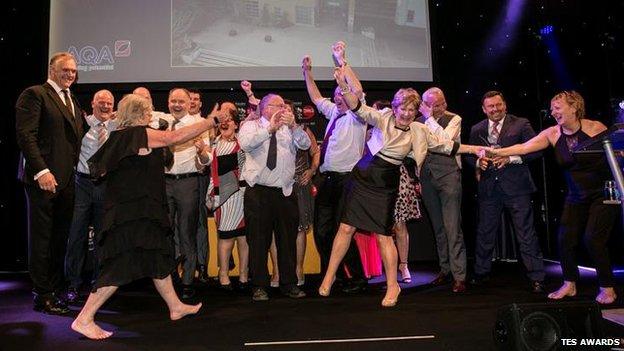 Teachers at St Patrick's celebrate alongside the comedian Greg Davies