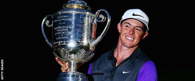 Rory McIlroy of Northern Ireland poses with the Wanamaker trophy after his one-stroke victory during the final round of the 96th PGA Championship at Valhalla Golf Club